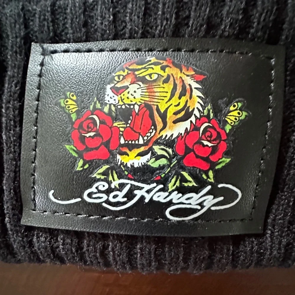 Ed Hardy Black Knit Pom Beanie Hat Red Drip Logo Tiger Rose Patch NWOT